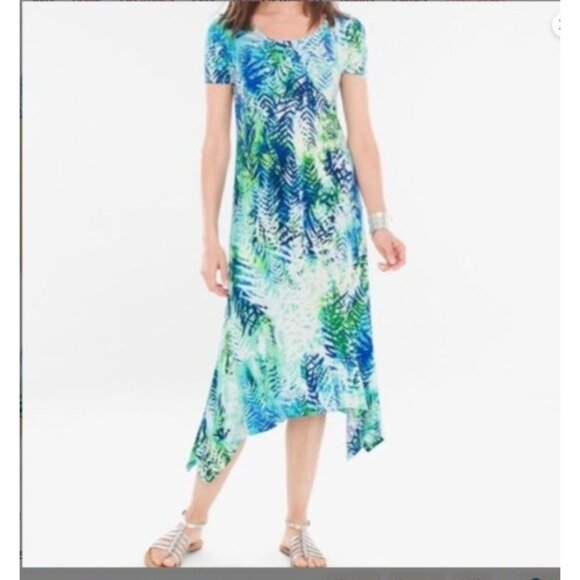 Chicos 3 Womens  Blue Tropical  Short Sleeve Asymmetrical Midi Dress Size XL - Picture 1 of 14
